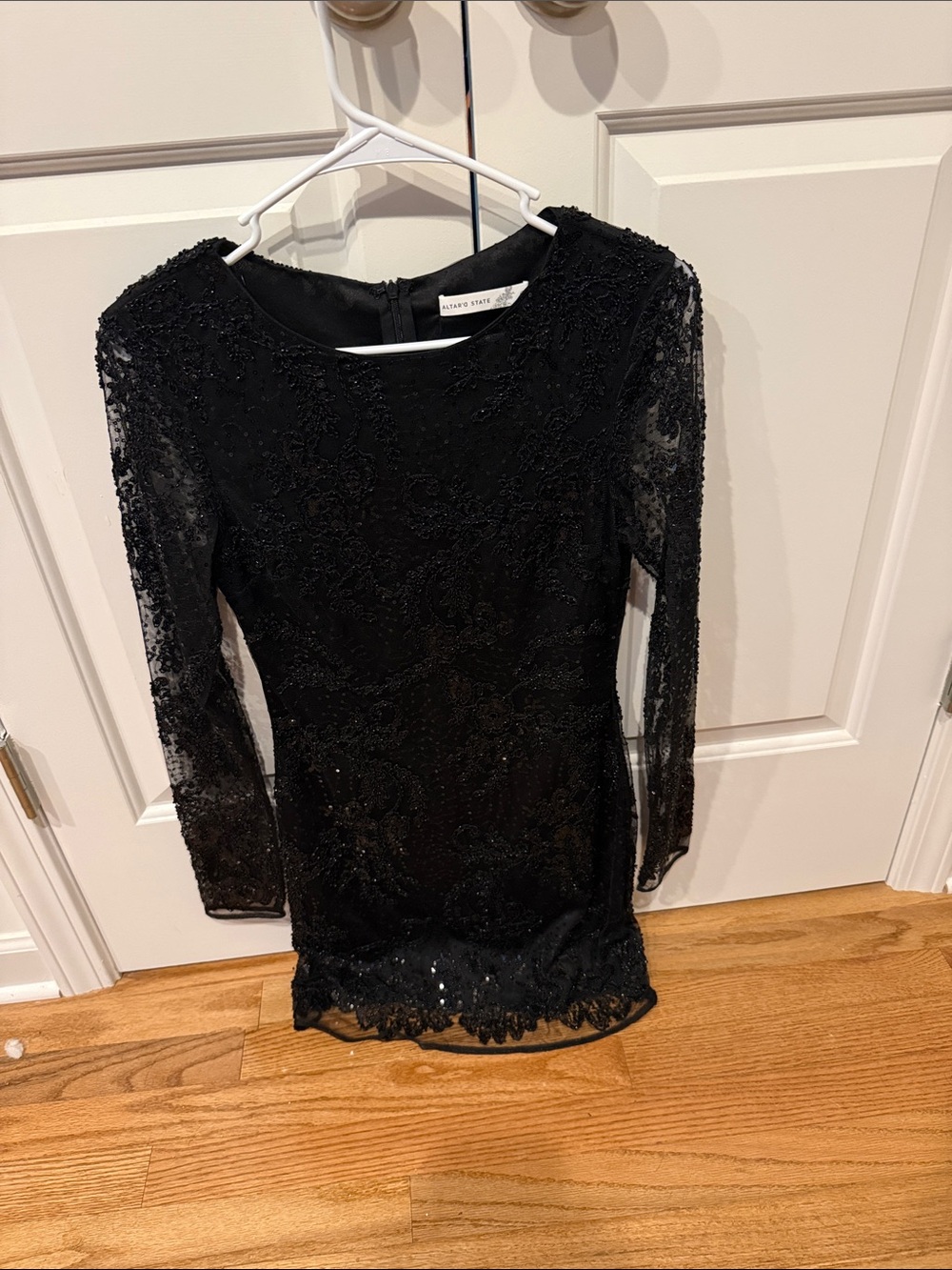 Altar'd State Black Beaded Lace Sheer-Sleeve Dress